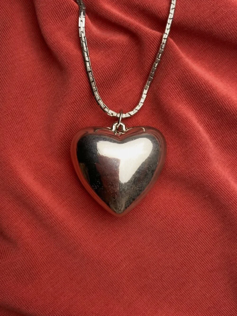 Vintage Puffy Heart 3D Love Valentine Silver Pendant Y2K Style Chain Necklace